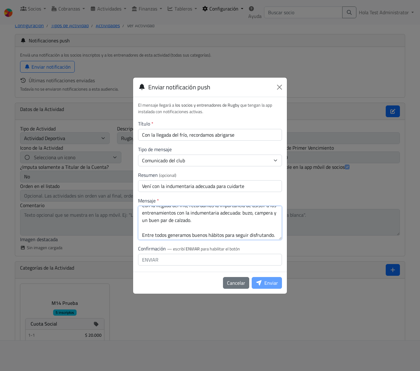 Envío de notificación push desde la ficha de una actividad