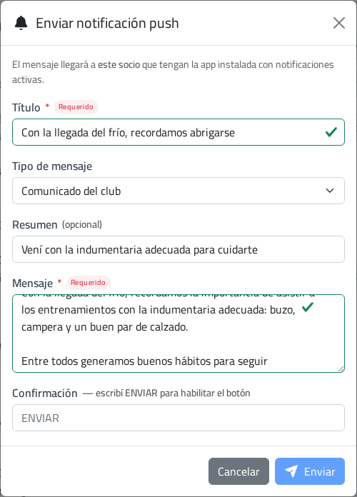 Ventana de envío de notificación push