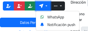 Menú Enviar mensaje en la ficha del socio, con WhatsApp y Notificación push